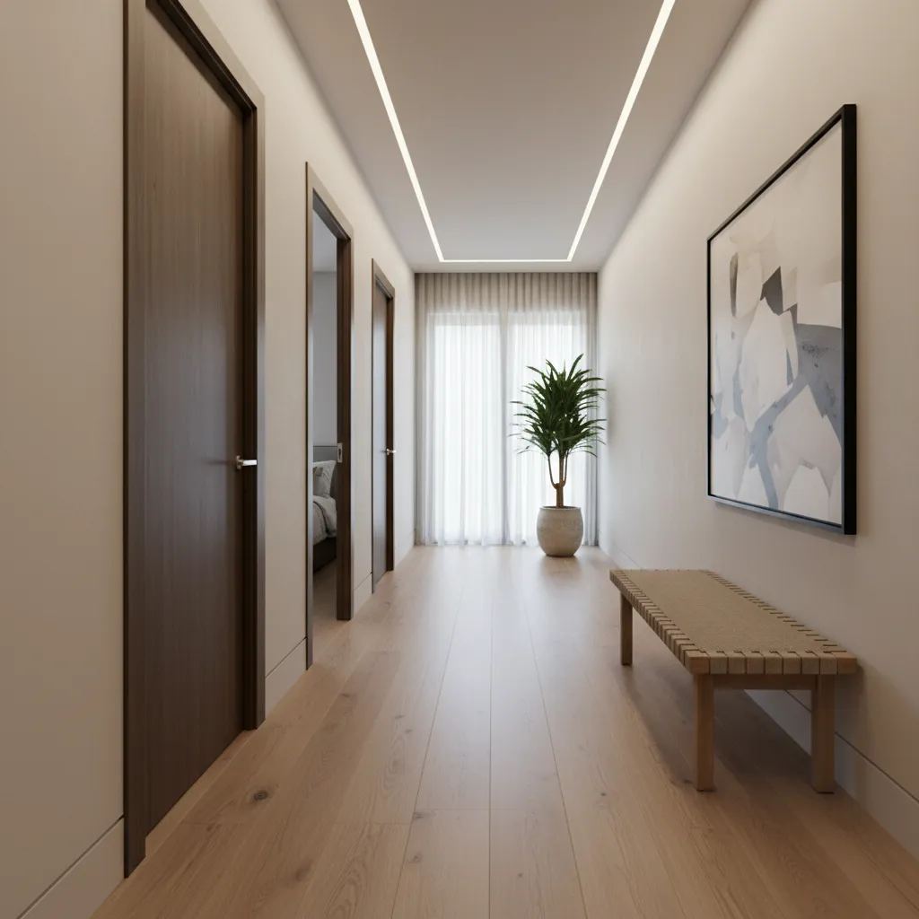 Bright hallway featuring wooden floor white walls brown doors bench green plant and wall painting