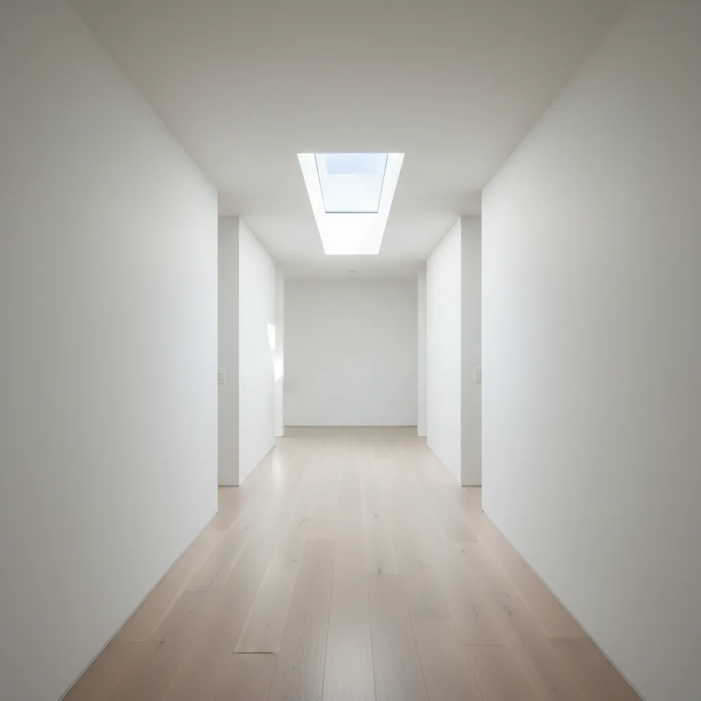 Minimalist white hallway with light wood flooring and one bright rectangular roof window on ceiling