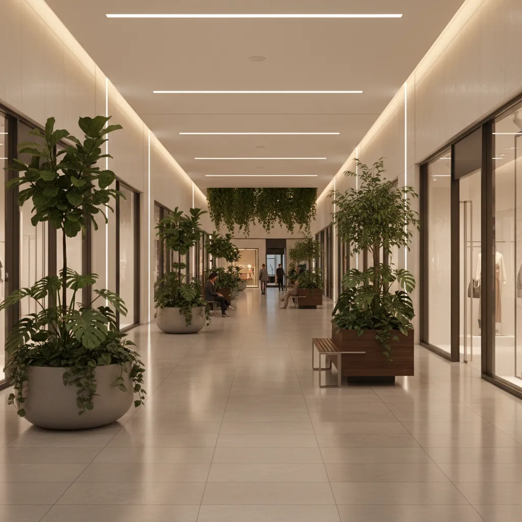 Pasillo comercial con jardineras y plantas decorativas