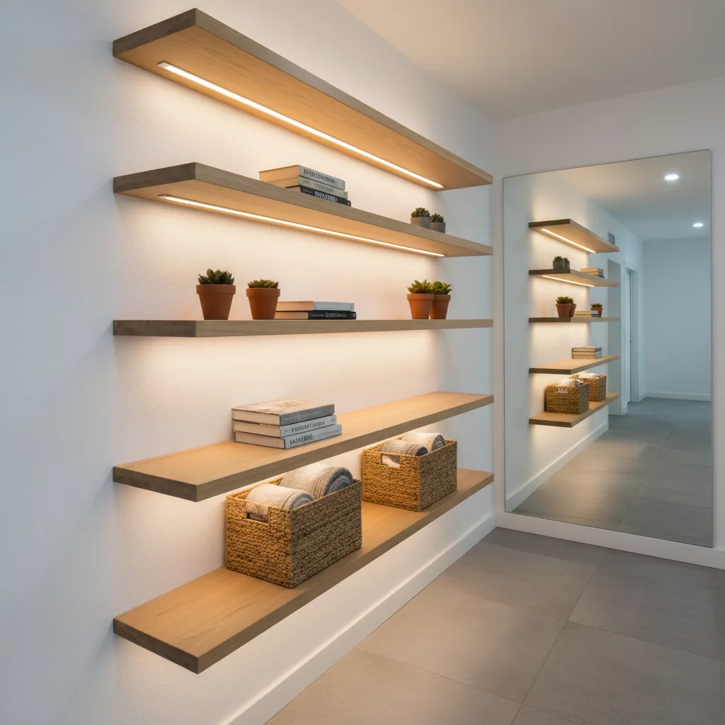 Corredor pequeño con estanterías flotantes para almacenamiento