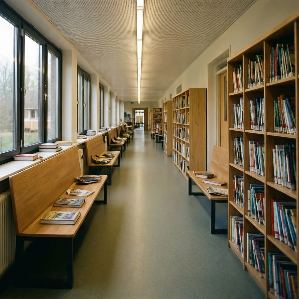 Pasillo escolar transformado en zona de lectura y estudio