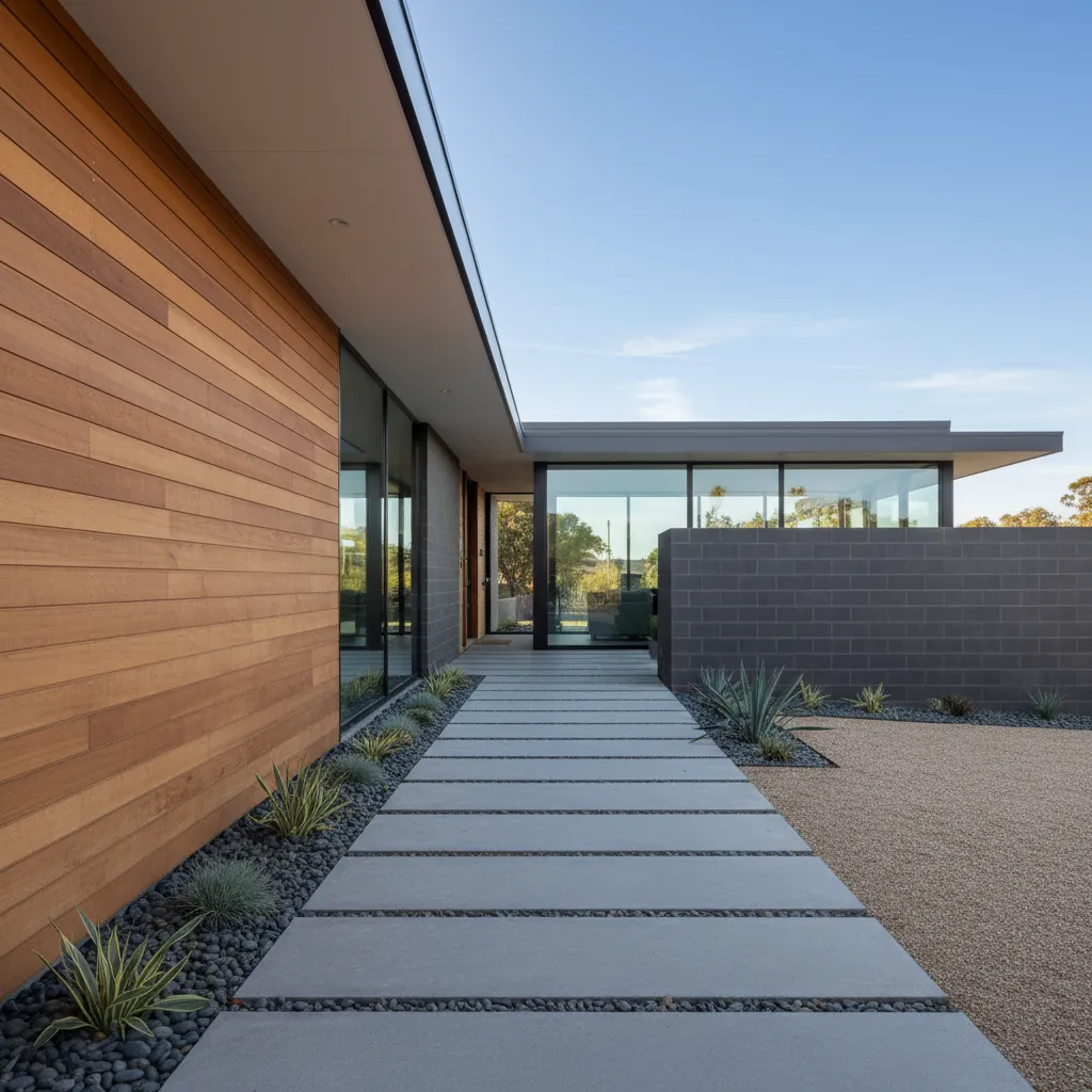 Pasillo exterior con ligera pendiente y drenaje lateral