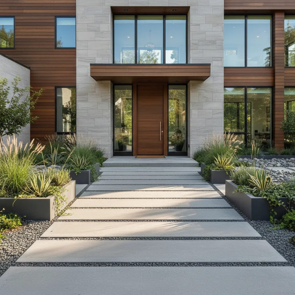 Pasillo exterior con jardineras y diseño paisajístico