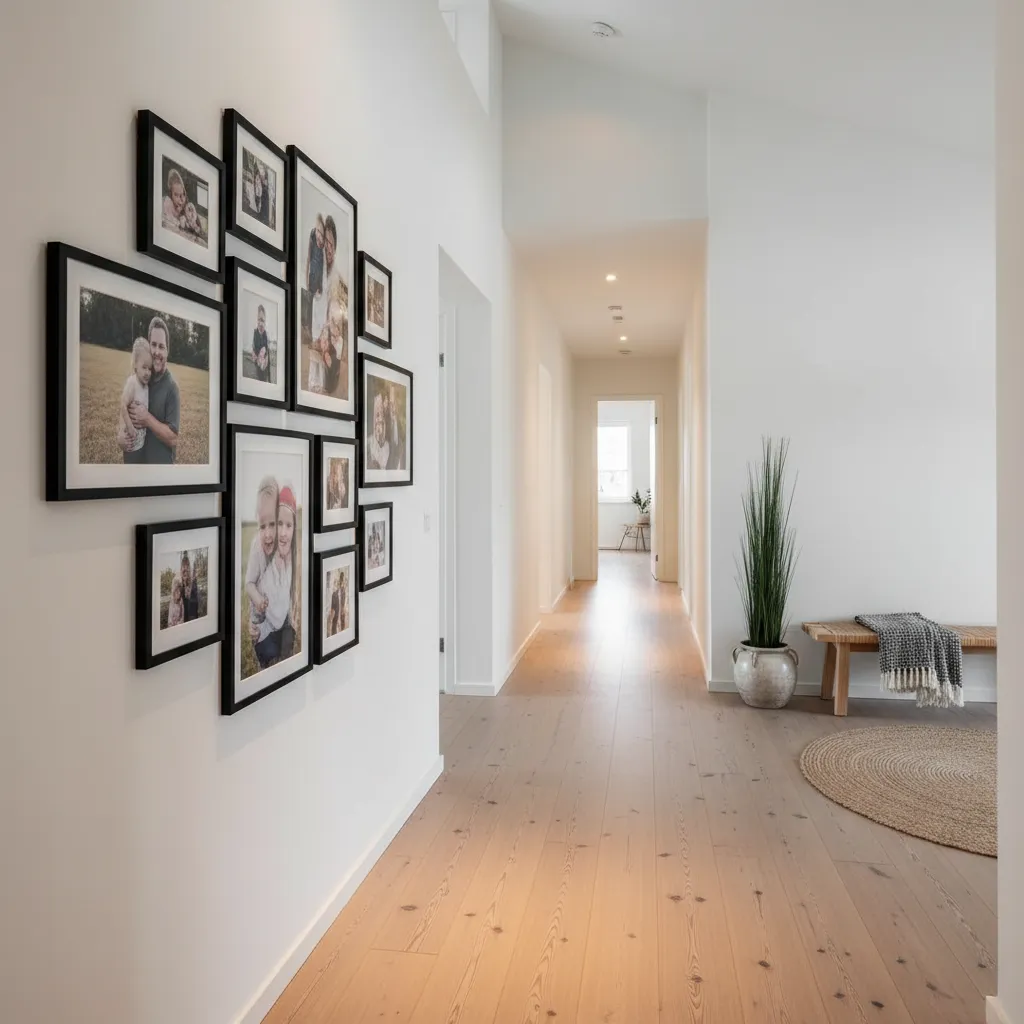 Bright hallway with family photo gallery wall wooden floor green plant bench and round rug