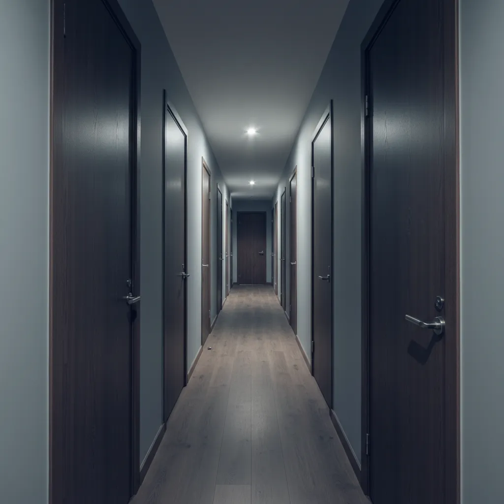 Long narrow hallway with many dark wooden doors grey walls and small bright ceiling lights