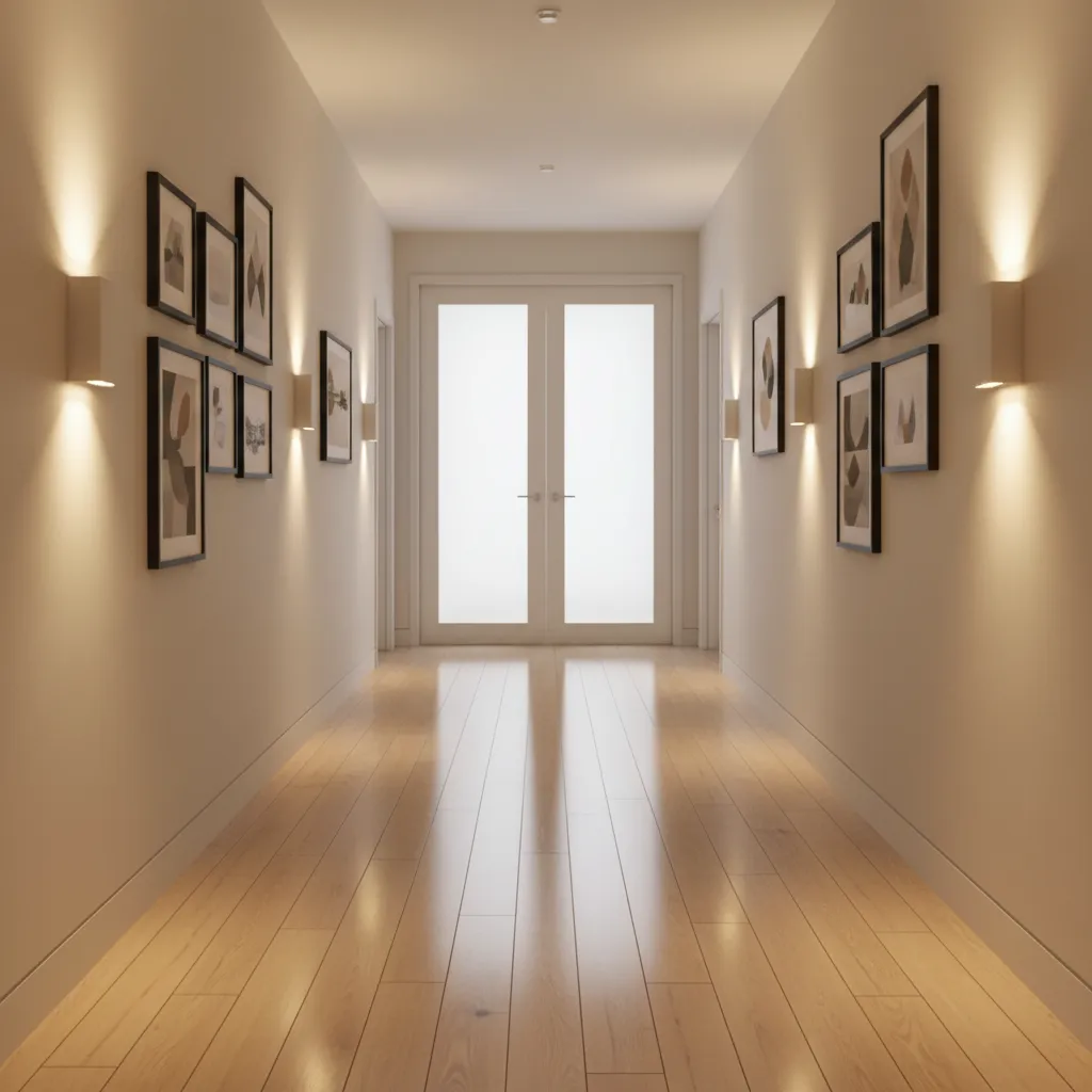 Long hallway with wooden floors, wall lights, framed art on both sides, and white double doors