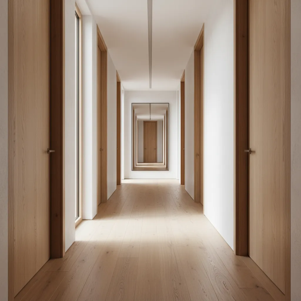 Bright long hallway with light wood floors white walls and multiple wooden doors on both sides