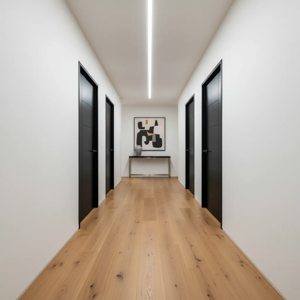 Pasillo moderno con varias puertas negras y suelo de madera