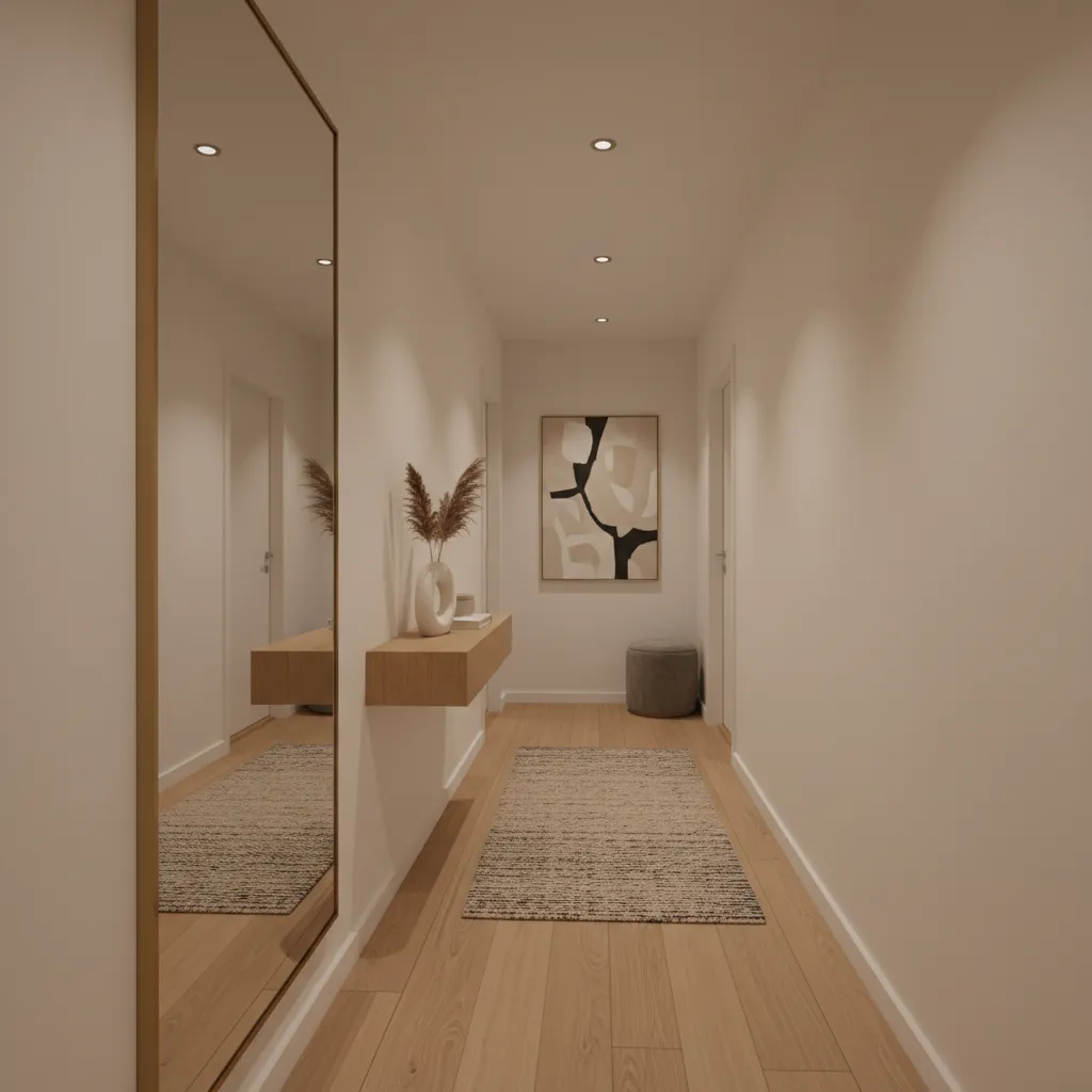 Pasillo estrecho con espejo grande y consola minimalista