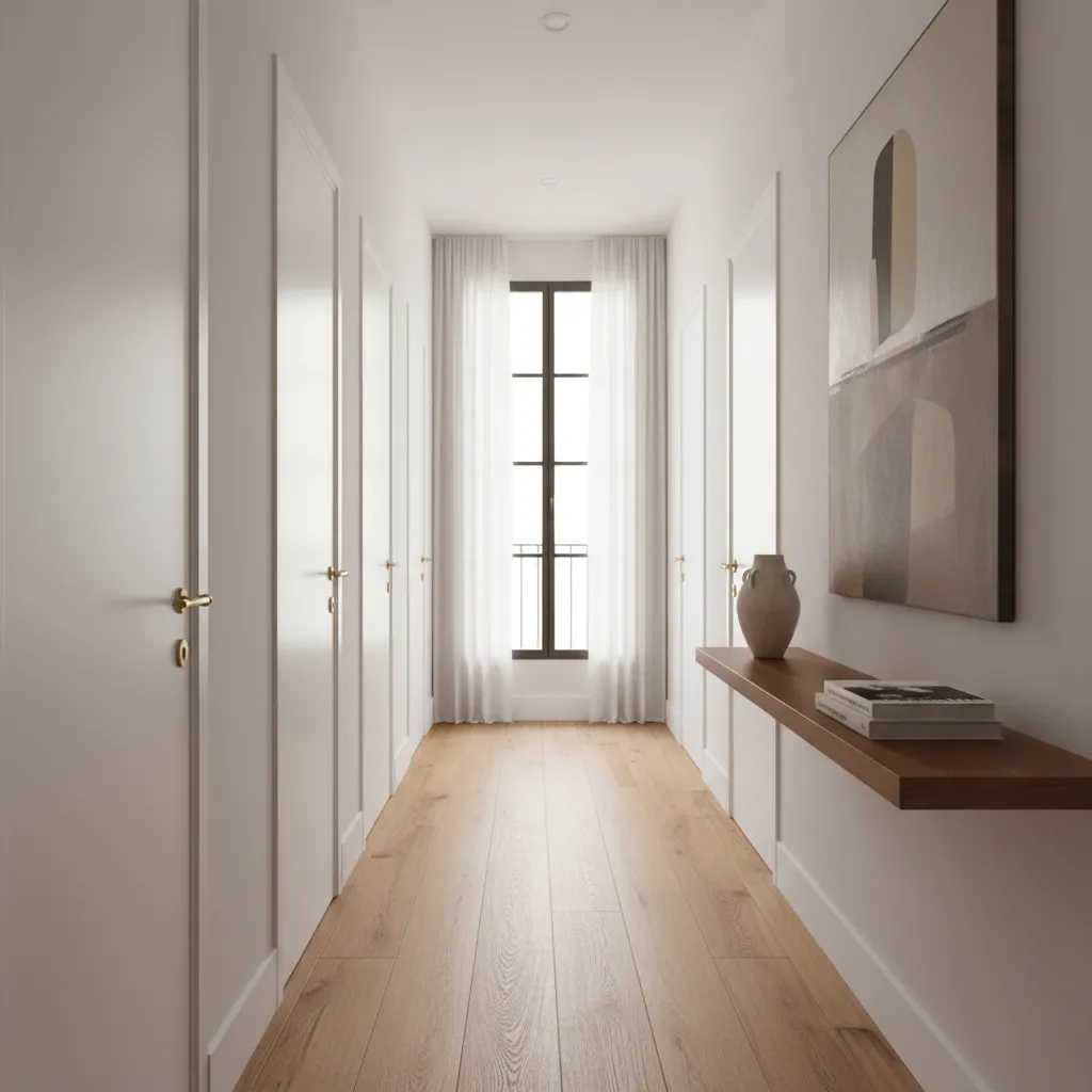Pasillo residencial con varias puertas interiores lacadas en blanco