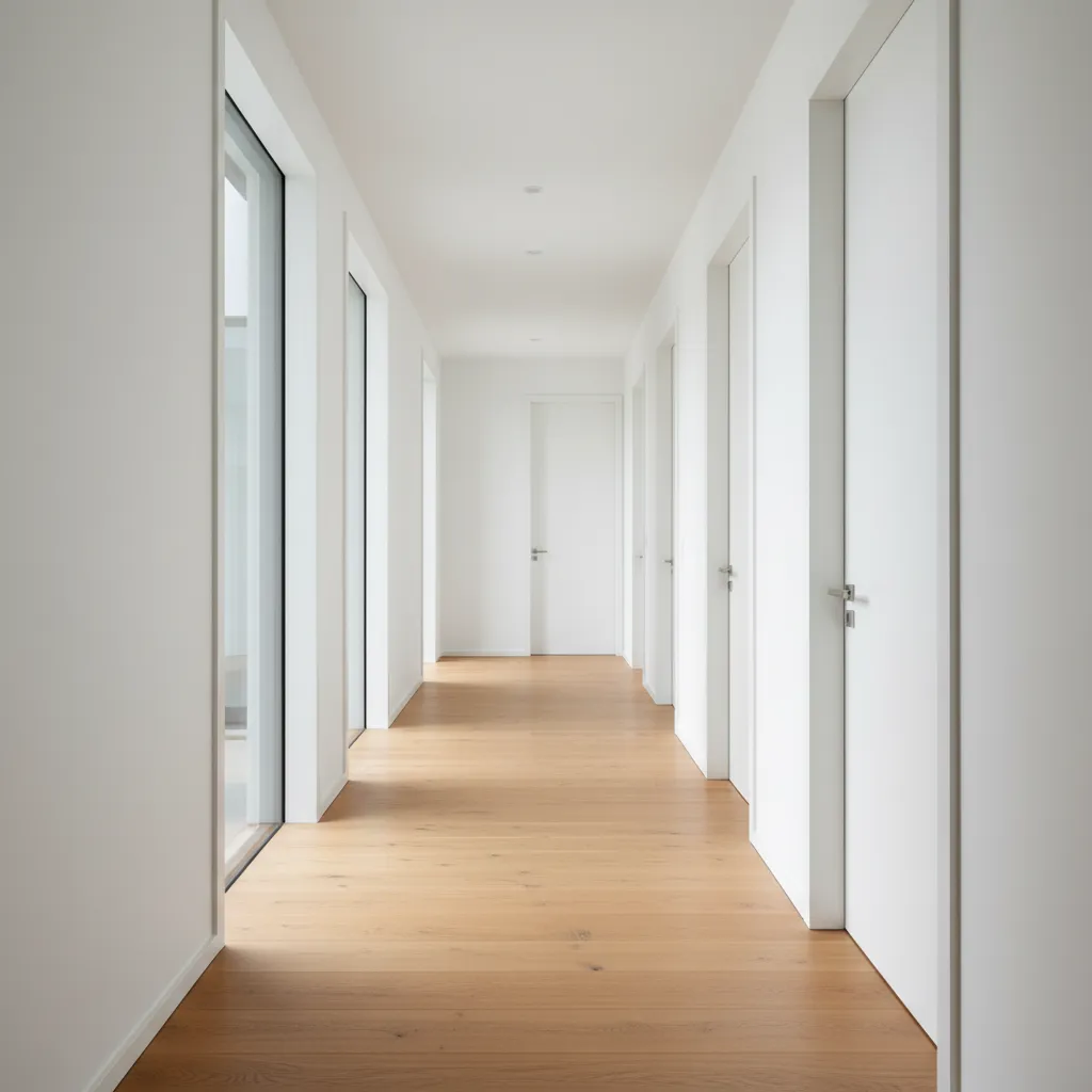 Pasillo moderno con varias puertas blancas y suelo de madera
