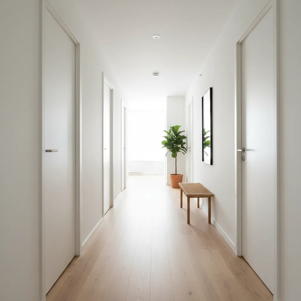 Pasillo luminoso con varias puertas interiores blancas y suelo de madera clara