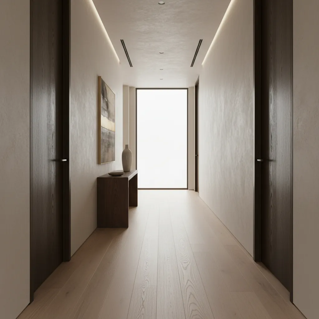 Pasillo residencial con varias puertas oscuras y paredes claras