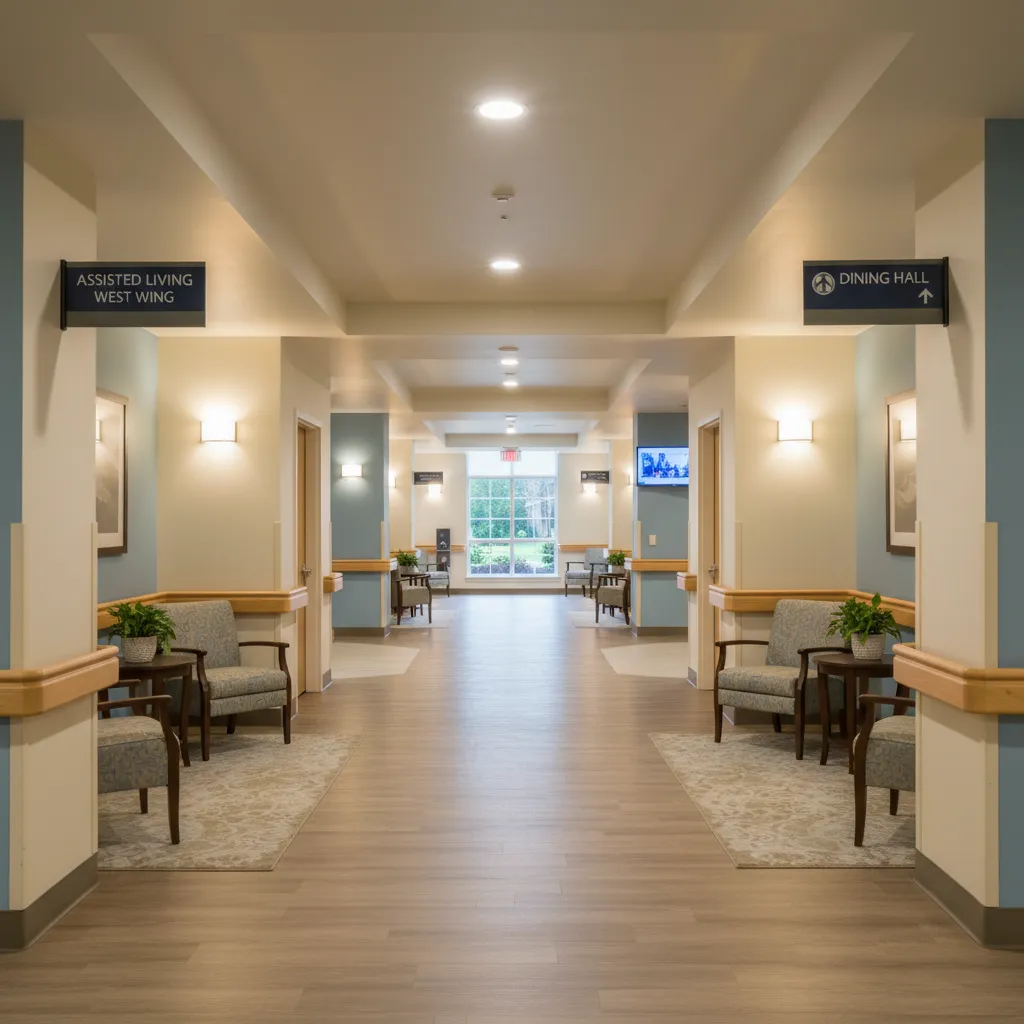 Pasillo bien iluminado en residencia geriátrica con pasamanos y puntos visuales