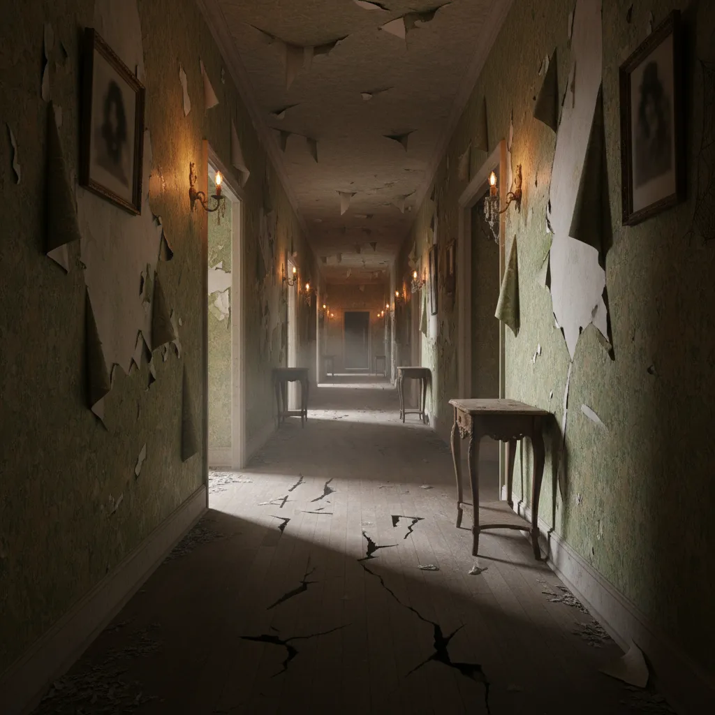 Pasillo estrecho con iluminación tenue diseñado para generar tensión