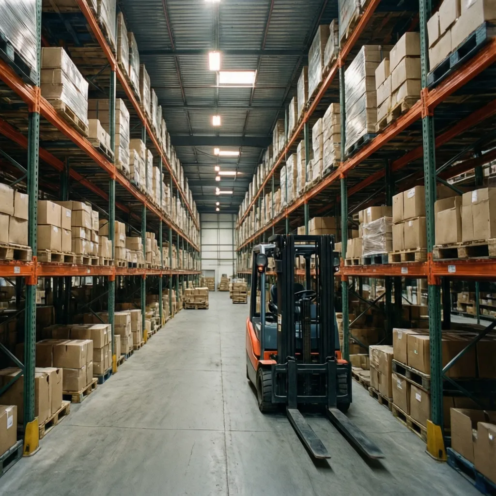 Pasillos amplios entre estanterías industriales en un almacén