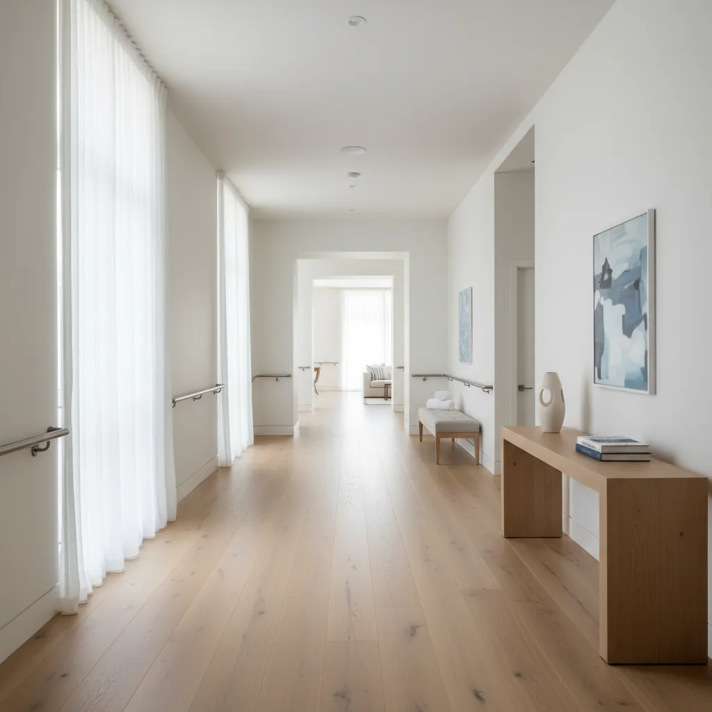 Pasillo amplio diseñado para accesibilidad en una vivienda