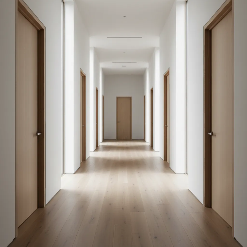 Interior de una casa grande con un pasillo largo típico de mala distribución