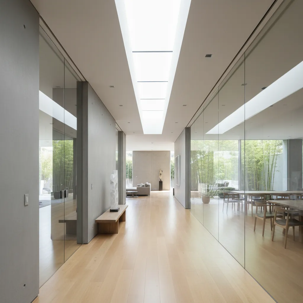 Bright modern interior design drawing of hallway with glass walls skylights and view of trees