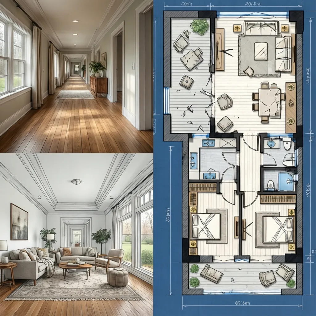 Plano mostrando pasillos largos como error común en diseño de vivienda