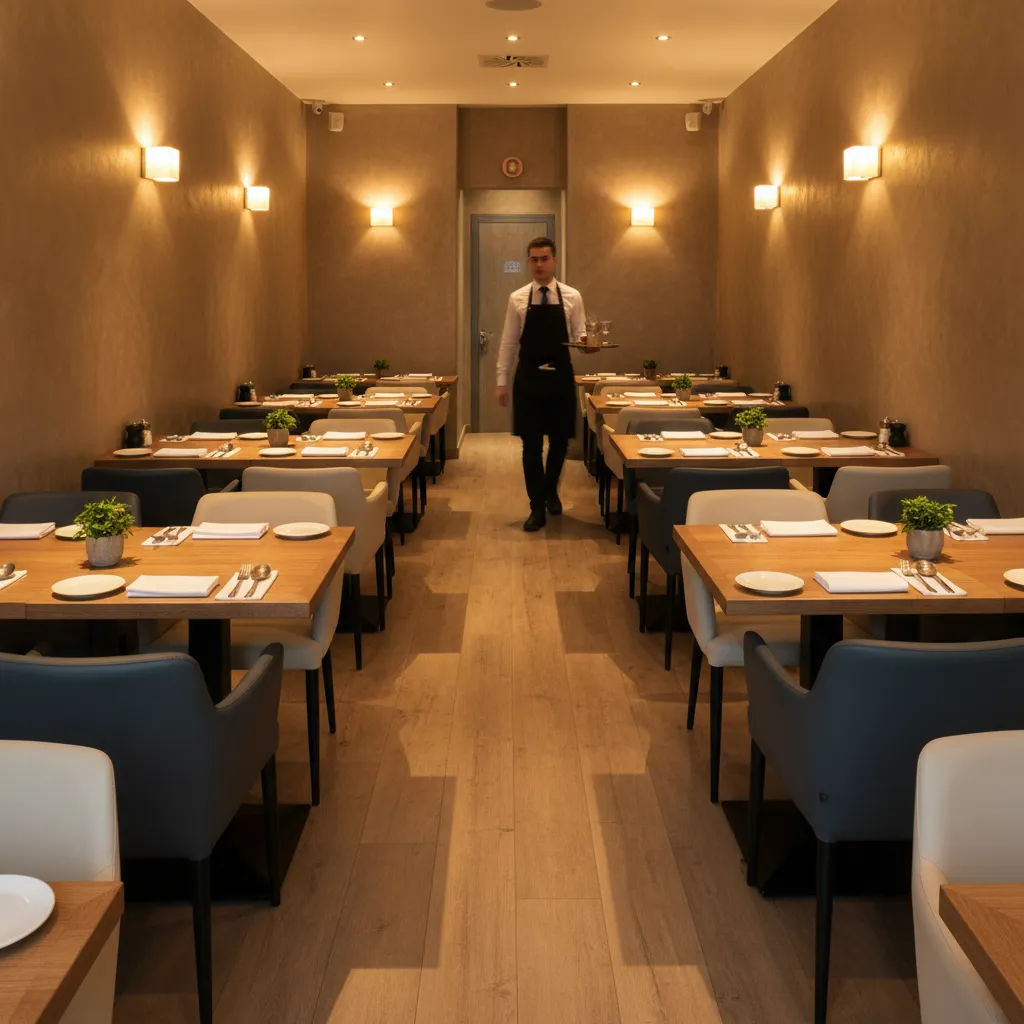 Pasillo de servicio amplio entre mesas en restaurante pequeño