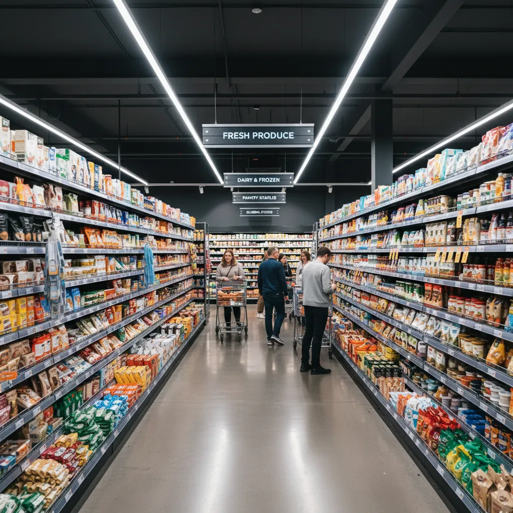 Supermarket interior with people shopping for food items on tall shelves with bright ceiling lights
