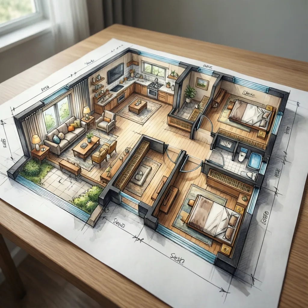 Hands drawing a house floor plan sketch on paper with pencil, tape measure, and notebook