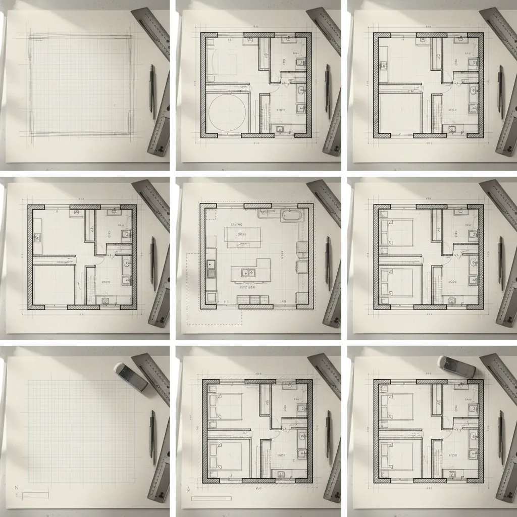 Proceso paso a paso de dibujo de un plano de casa