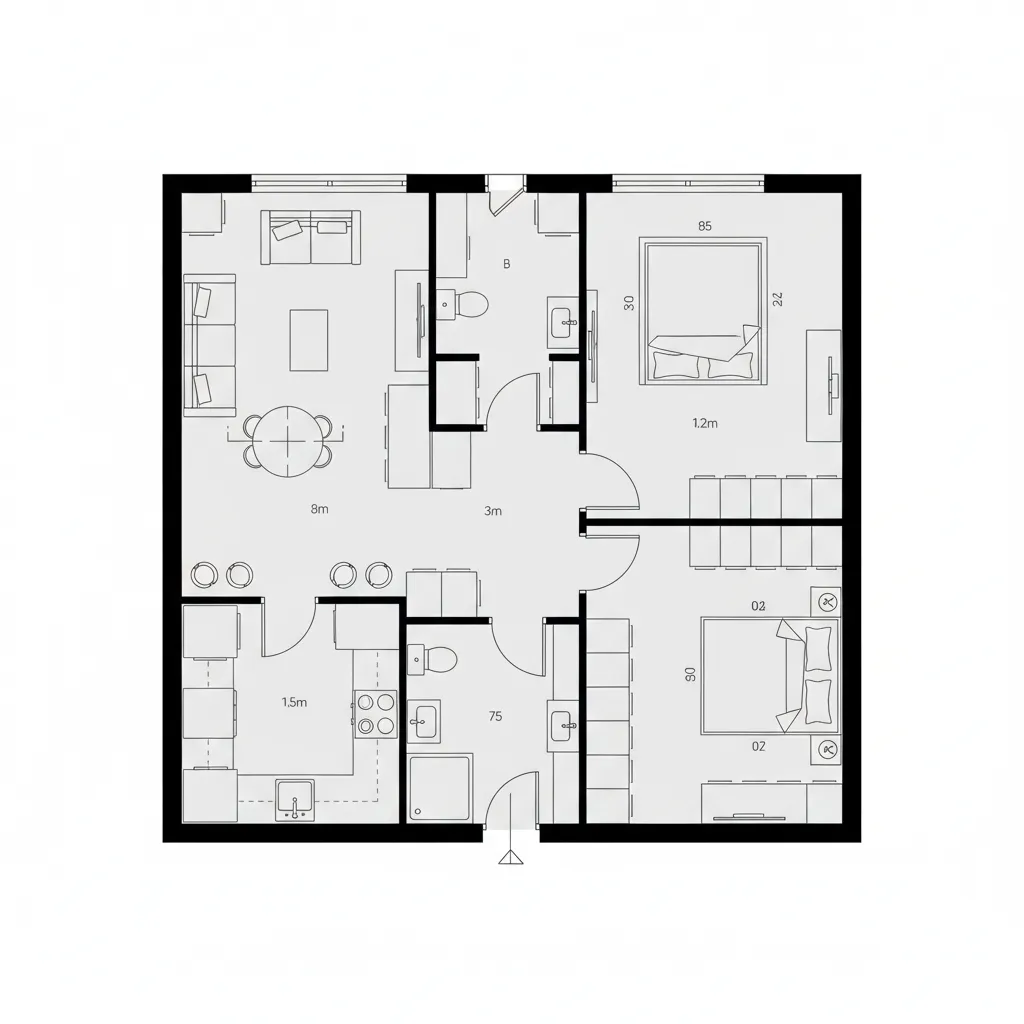 Top-down plan with pass-through galley and private bedroom-bath-closet loop
