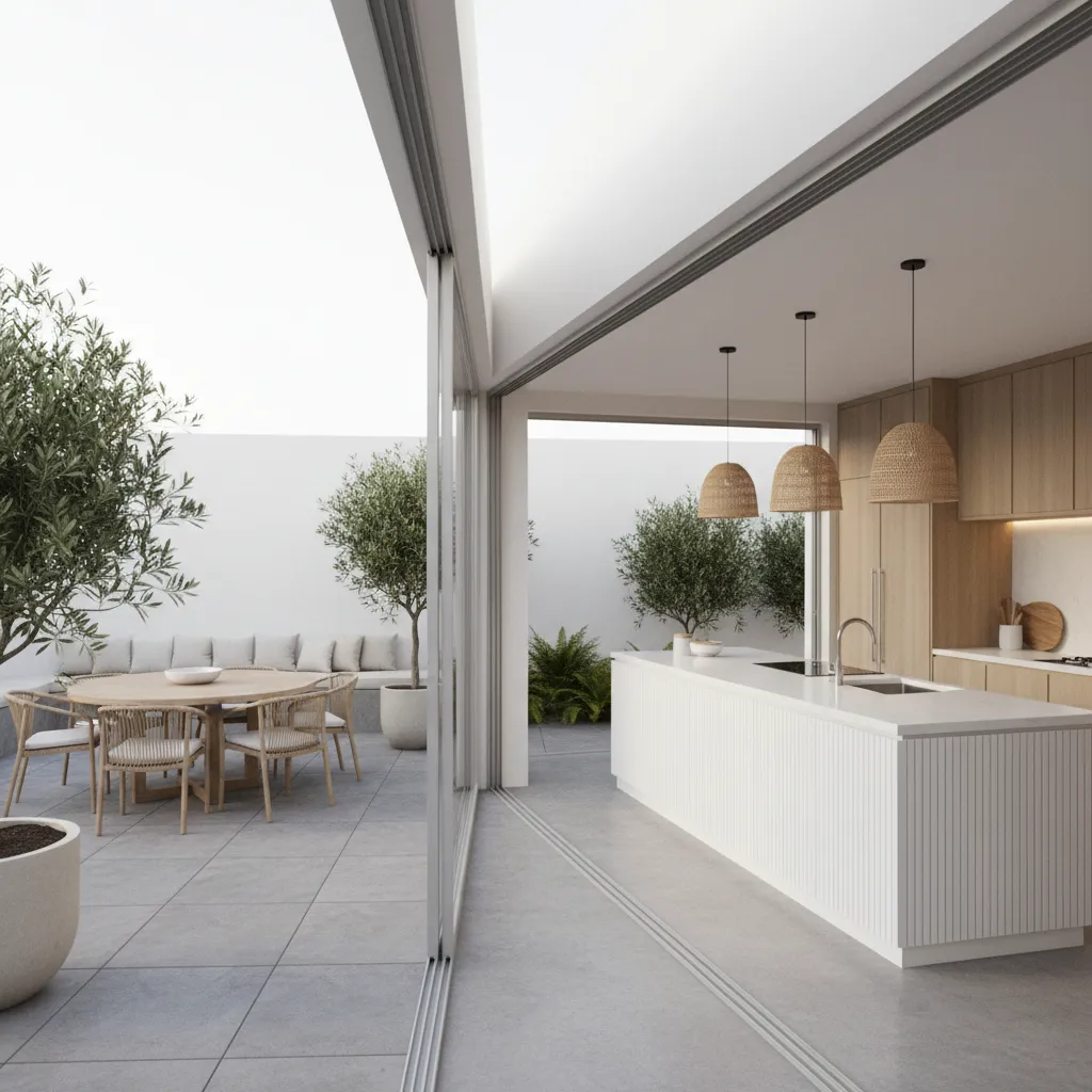 Kitchen pass through window open to outdoor patio dining area