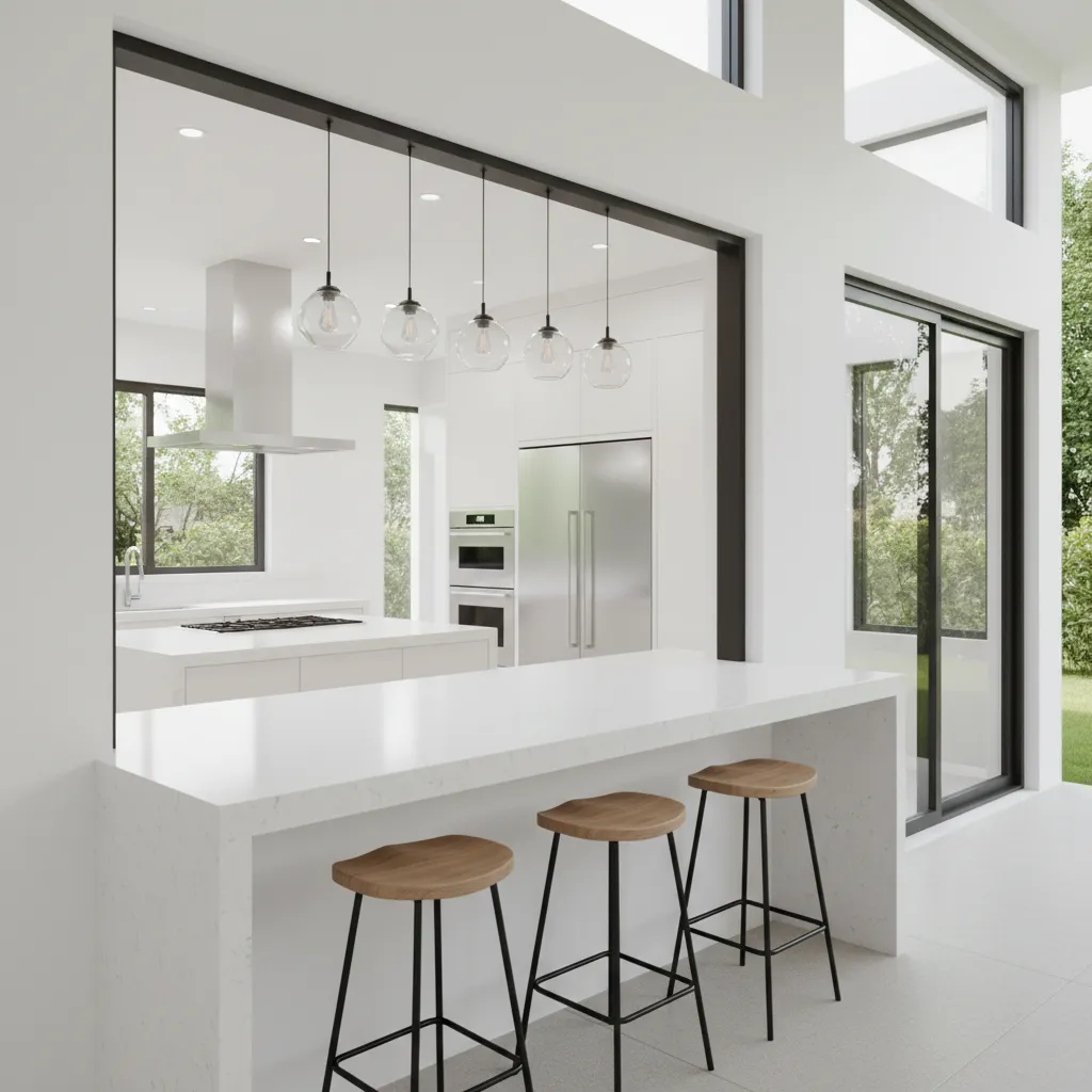 Kitchen pass through window with extended serving counter and outdoor bar stools
