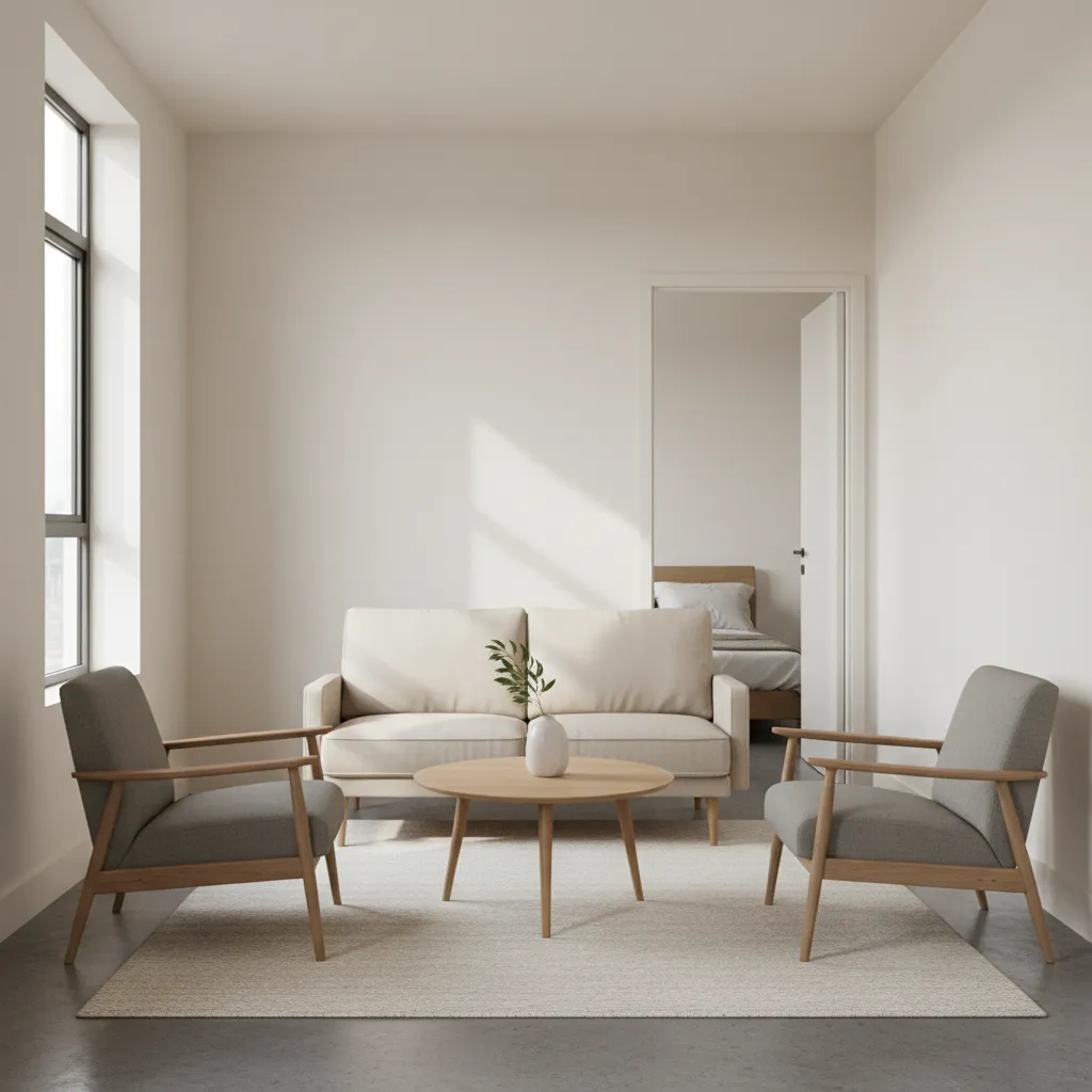 Example of a narrow pass through living room with clear walking path