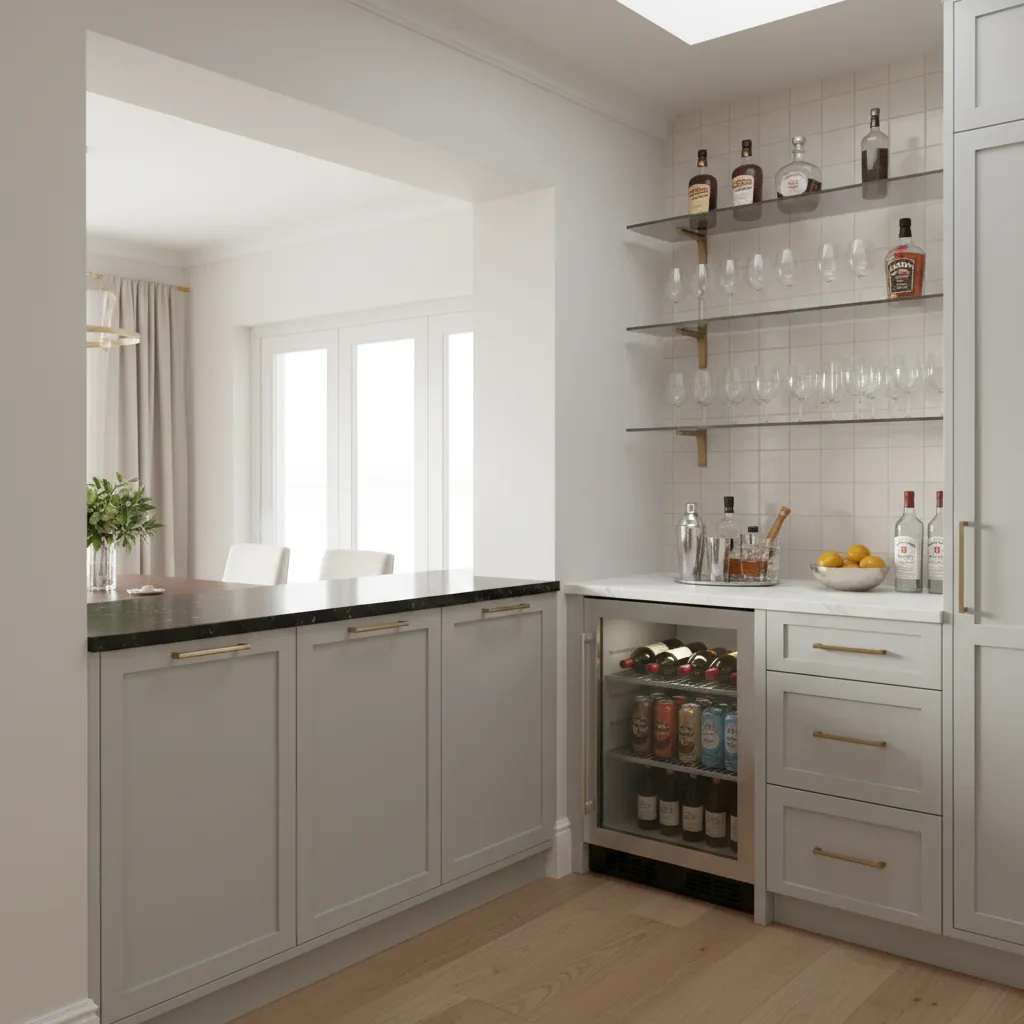 Kitchen bar storage and beverage fridge next to pass through serving window