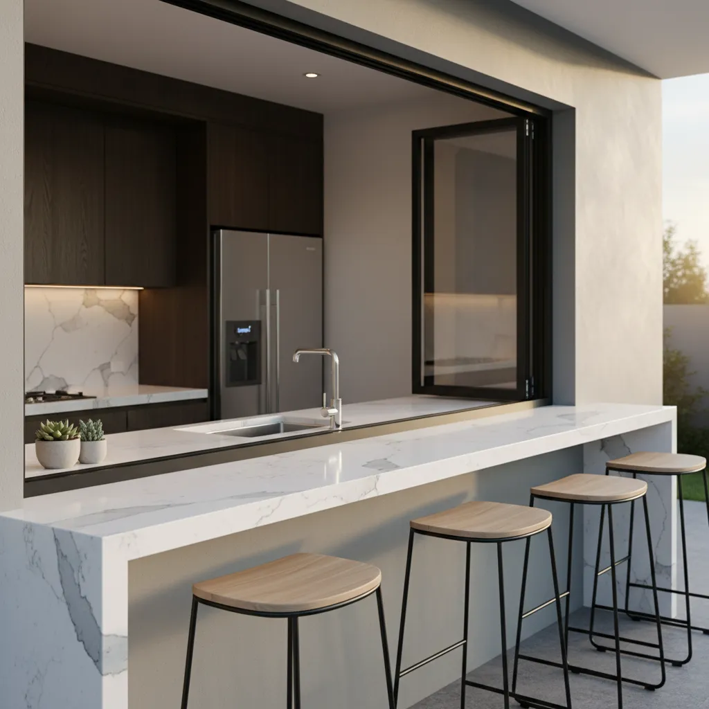 Outdoor serving counter material detail for pass through kitchen window