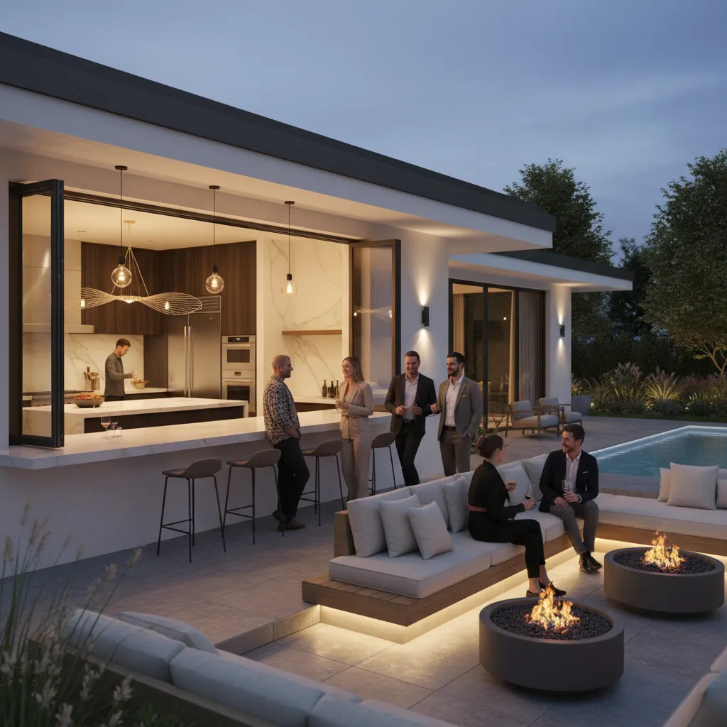 Evening lighting setup around a pass through kitchen window bar area