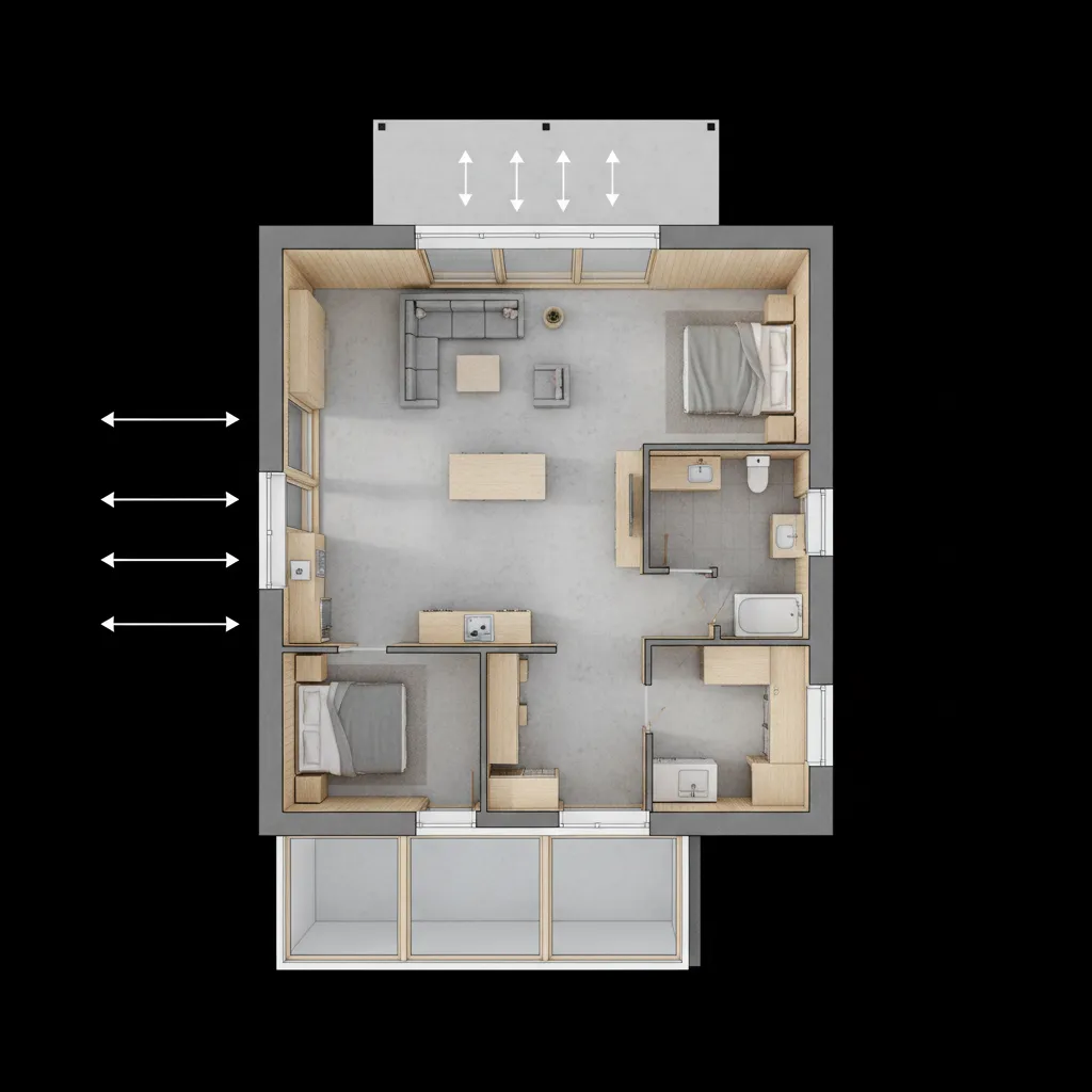 architectural layout showing passive solar design for energy efficient lightweight home