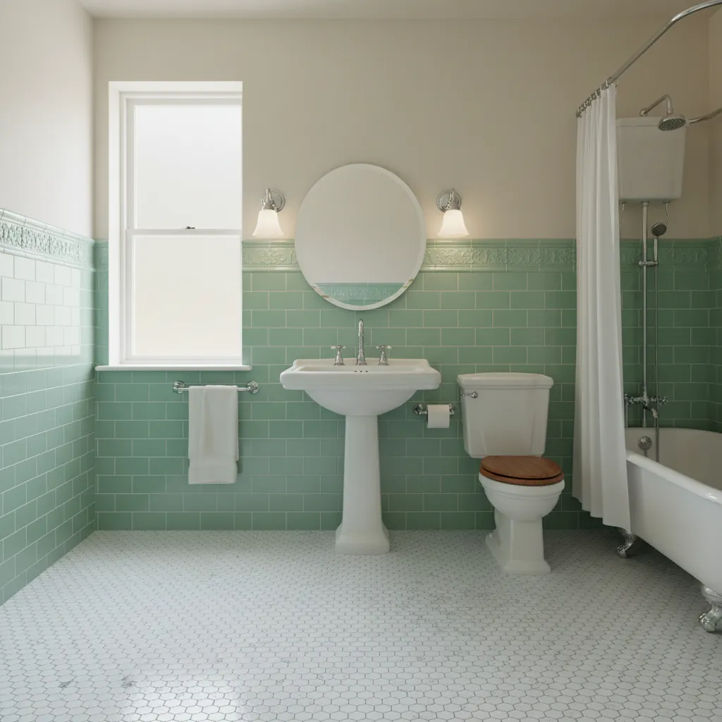 Pastel mint green tile bathroom inspired by late 1920s design