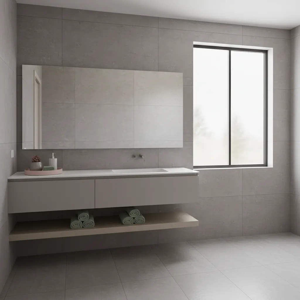 grey bathroom with sage green and pastel accent accessories