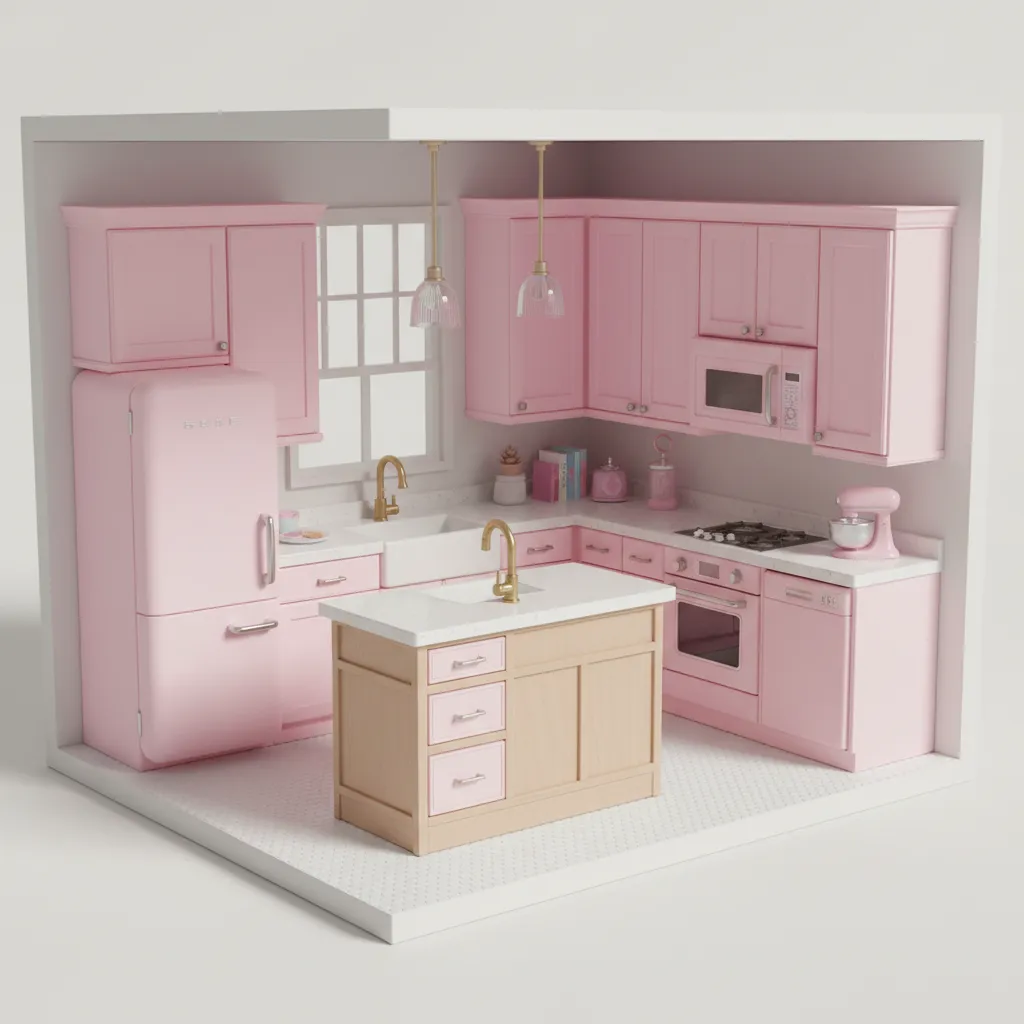 Pastel pink Barbie kitchen playset with miniature cabinets and island