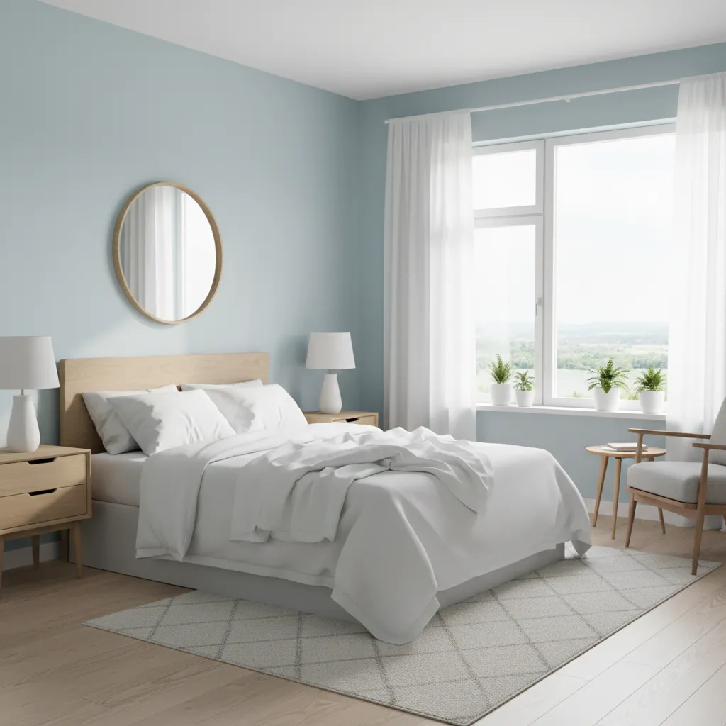 Bright bedroom with pastel blue walls and white decor combination