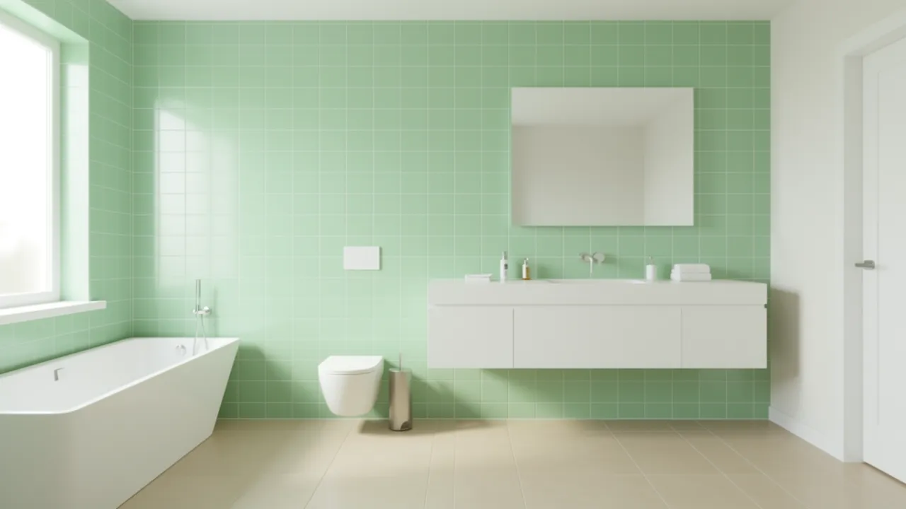 Bathroom interior with pastel green tiles and neutral flooring