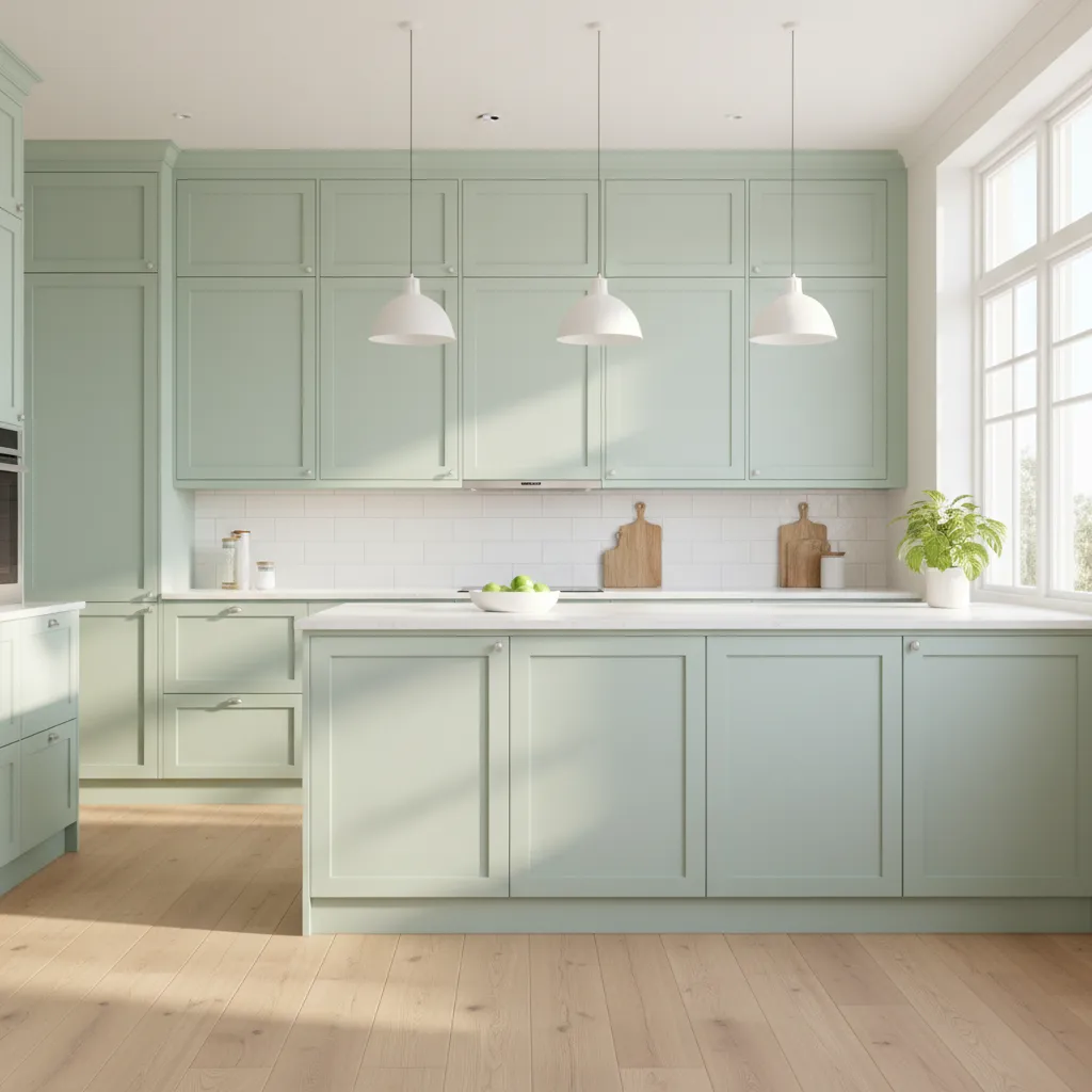 Bright kitchen with pastel mint green cabinets and white countertops