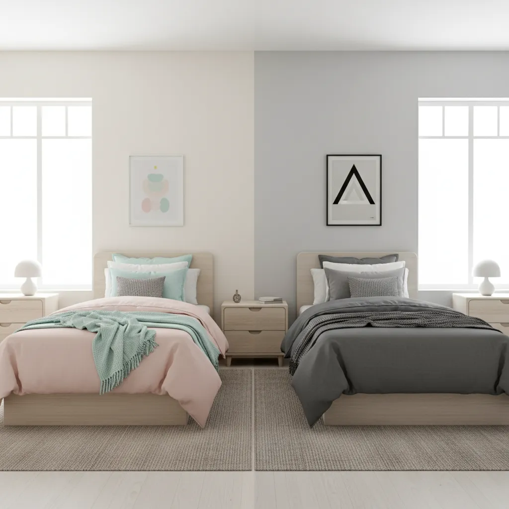 Pastel and monochrome twin bedroom design comparison