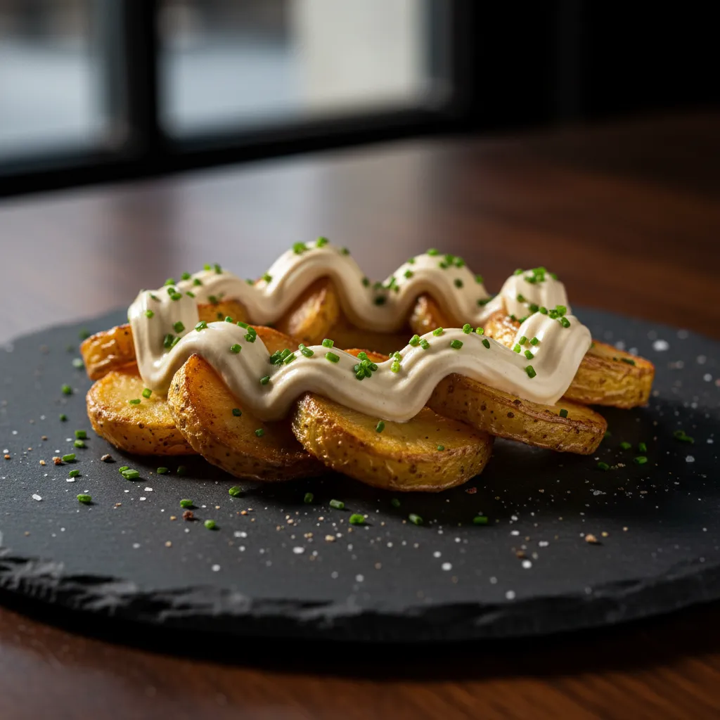 Rodajas de patata crujiente con crema de trufa y cebollino