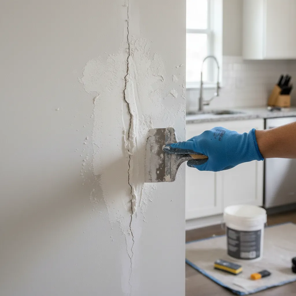 Applying joint compound to repair crack in kitchen wall drywall
