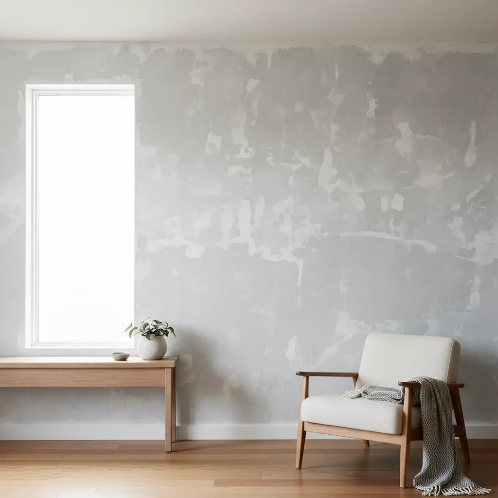 Interior wall with uneven patchy paint finish under natural light