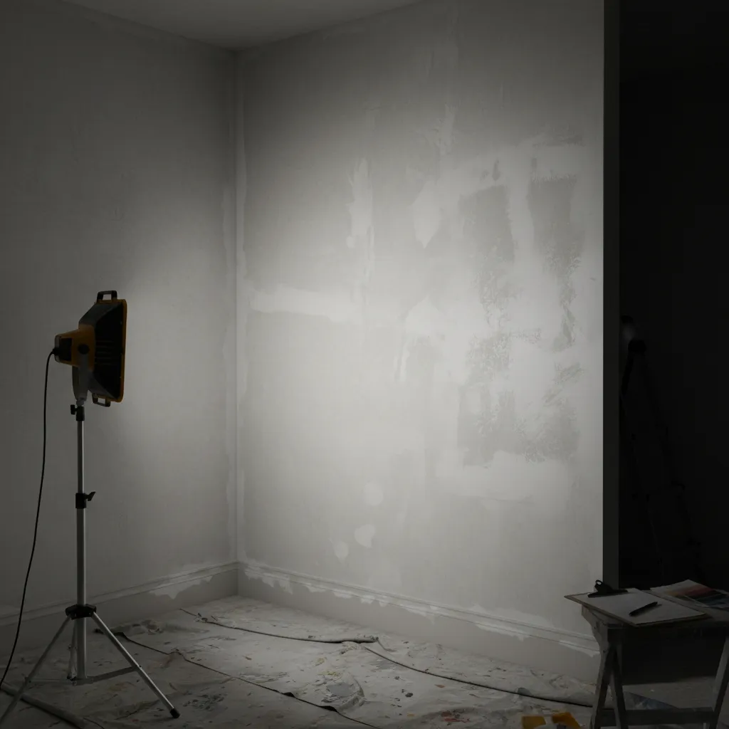 Portable work light revealing patchy paint coverage on wall