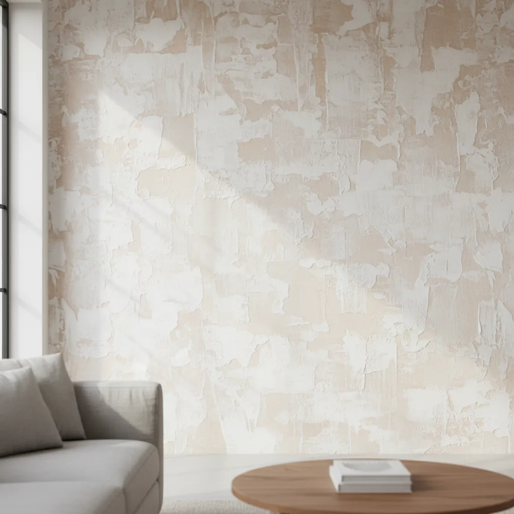 living room wall showing patchy uneven whitewash texture