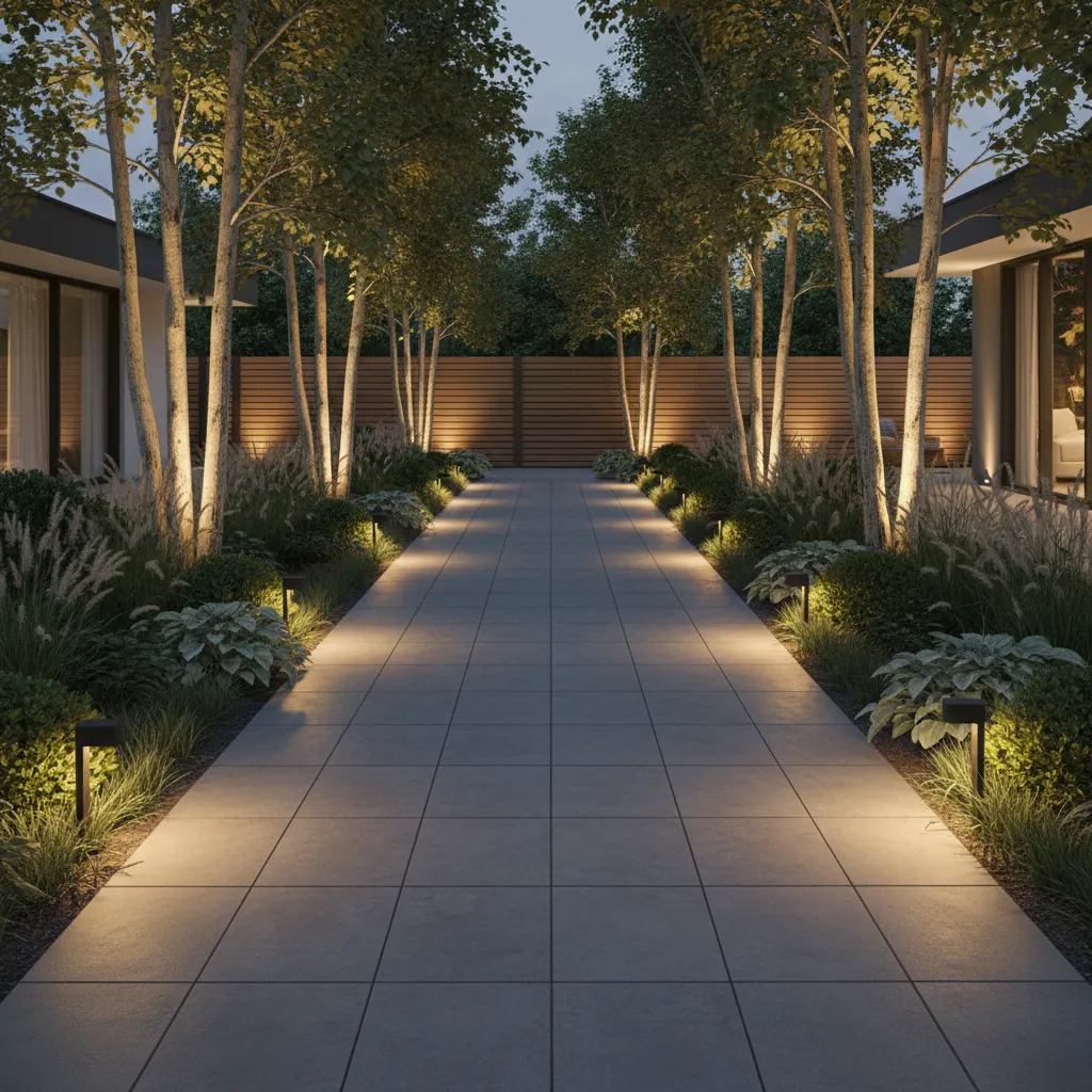 Landscape pathway lighting combined with illuminated trees creating layered outdoor lighting