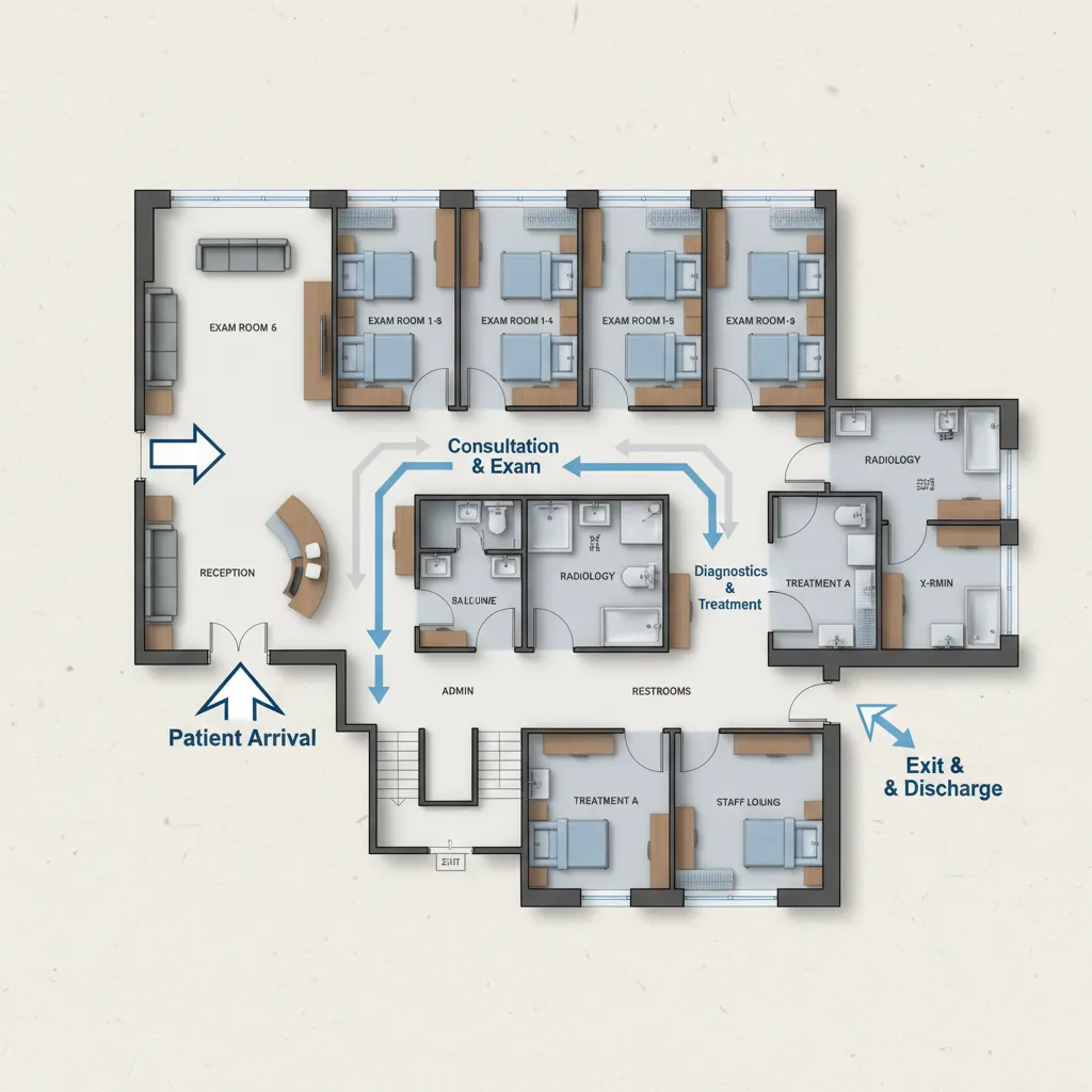 Clinic layout diagram showing patient journey from reception to exam rooms